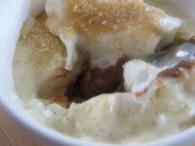 Riz au lait croustifondant, puit de chocolat fondu