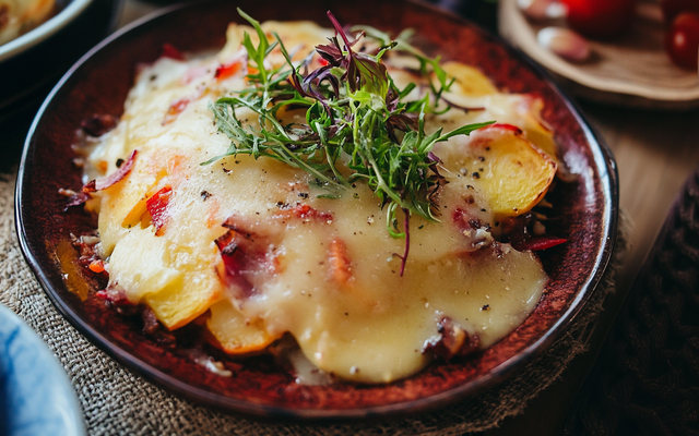 Tartiflette aux légumes et allumettes de lardons fumés