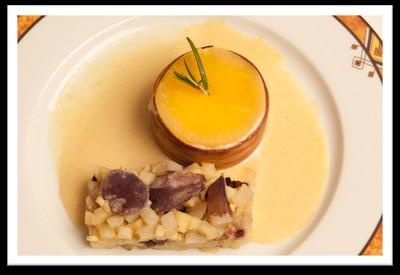 Mille-feuille de langue de bœuf fumée et rutabaga au Mont d'Or accompagné de ses légumes oubliés et sauce au Mont d'Or