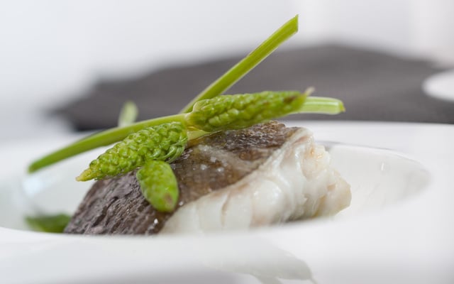 Cabillaud demi-sel, légumes primeurs et jus de coquillages