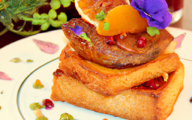 Foie gras en croûte de pistaches vertes et son bouquet de pain d'épices et de légumes croustillants, marmelade douce d'orangers sur toasts fondants aux épices