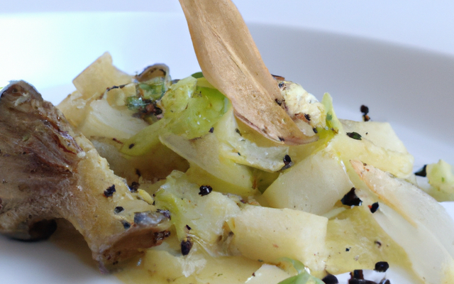 Pressée de poireaux et pleurottes, vinaigrette de jus de truffes