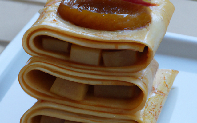 Mille feuilles de crêpes en terrine, compote de pommes à la crème de marron, raisin marinés au rhum et caramel au beurre salé