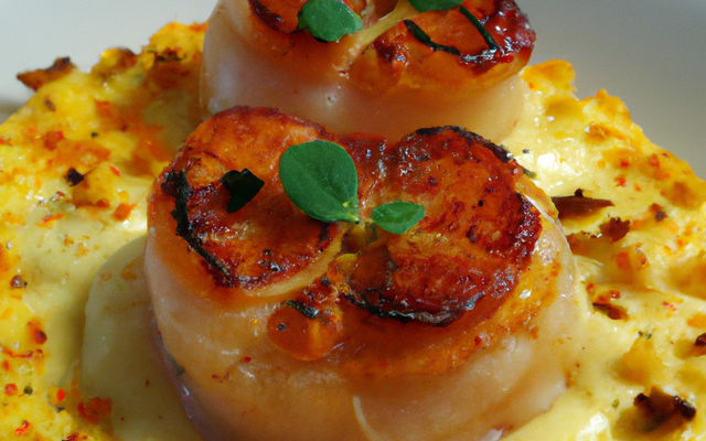 Noix de Saint-Jacques sur lit de poireaux au curcuma, crème au chorizo