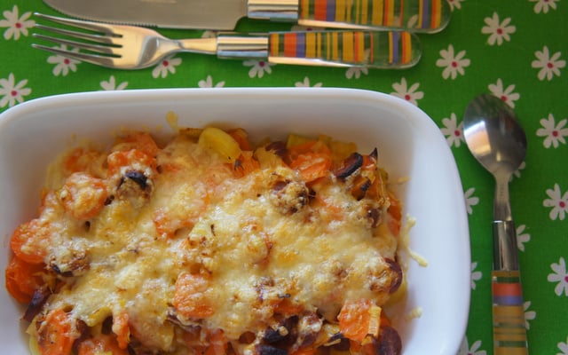 Gratin de poireaux, carottes et chorizo