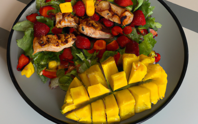 Grillade de poulet et sa salade de mangues et fraises pimentées