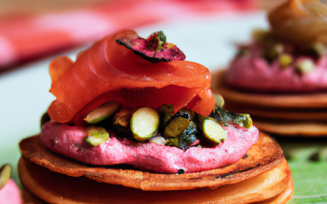 Blinis au saumon, betterave et pistaches