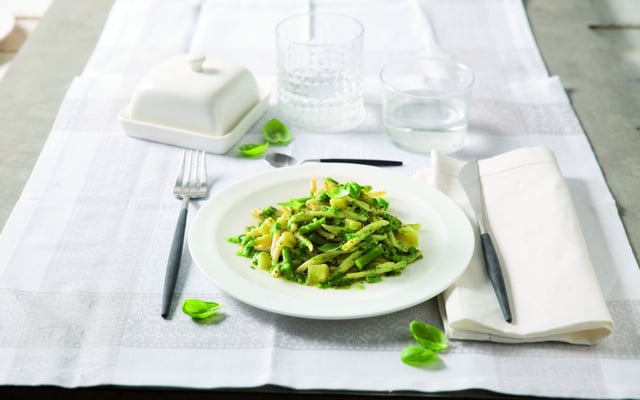 Trofie au pesto genovese, pommes de terre et haricots verts
