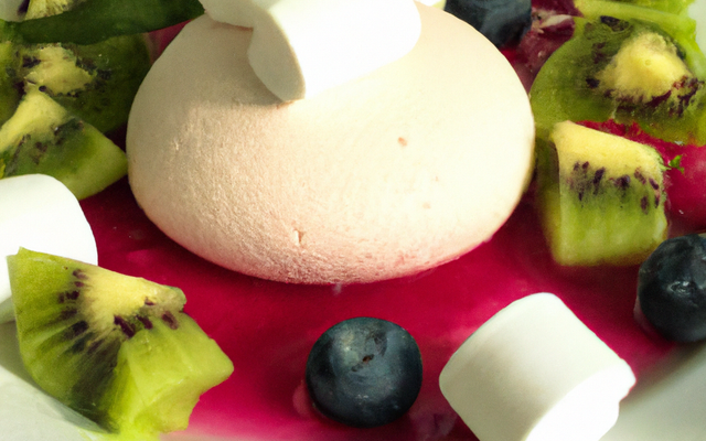 Panna cotta citron, coulis de framboises-kiwis et meringues aux myrtilles