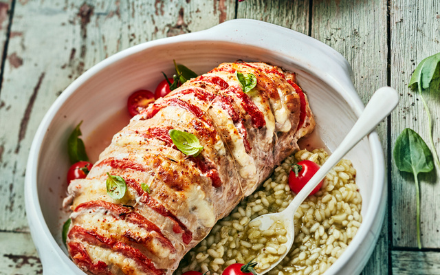 Orloff de veau, tomate, mozzarella et risotto d'oseille