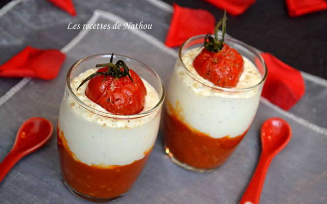 Verrines au chutney de tomates cerise, mousse de feta, fleur de sel aux épices grillées
