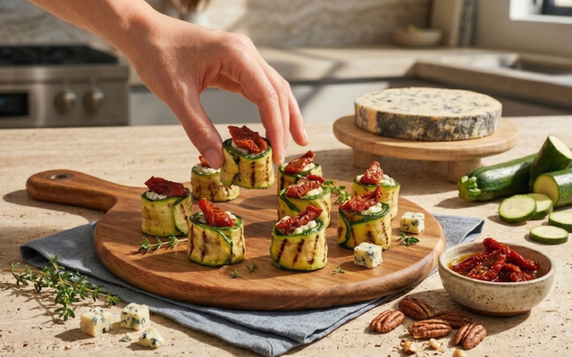 Makis de courgettes grillées, mousse de Fourme d'Ambert AOP et tomates séchées