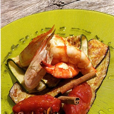 Gambas Cameron à la plancha, confiture de tomate