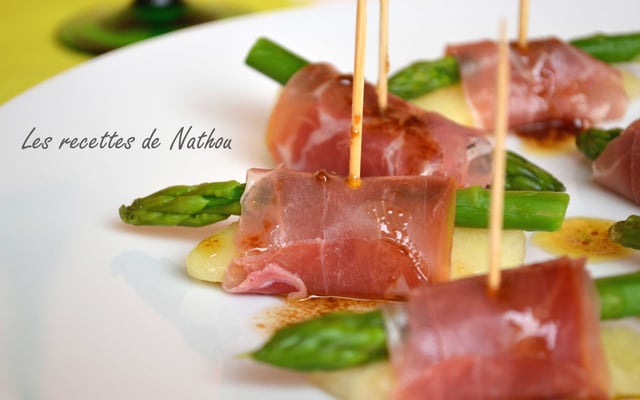 Bouchées asperges et melon, vinaigrette moutarde-balsamique
