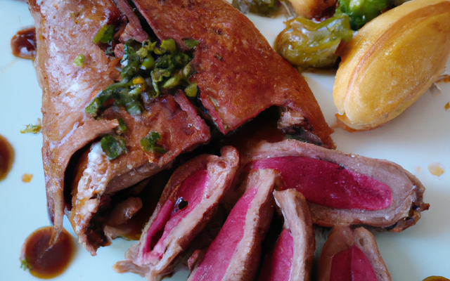 Magret de canard en croûte d'olive purée de céleri et pomme huile piment d'espelette