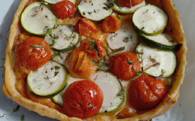 Tarte tomates, chèvre, miel et courgette