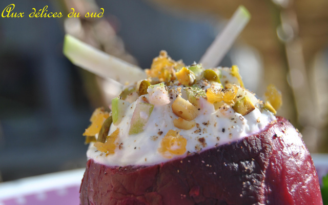 Betteraves ricotta,fruits secs et pomme verte