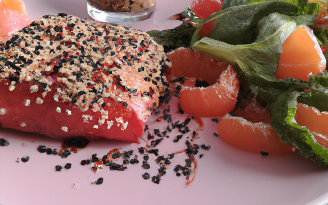 Saumon en croûte de sésame, vinaigrette au campari