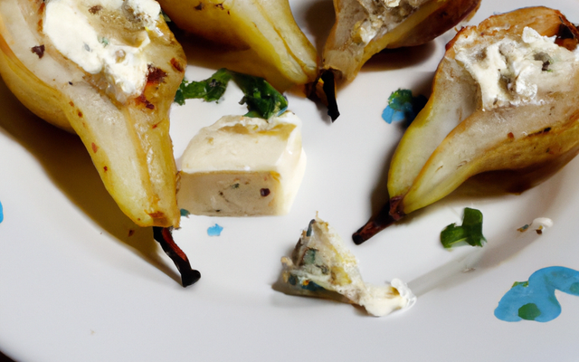Poires pochées au Floc de Gascogne blanc, crème de fromage blanc au Roquefort