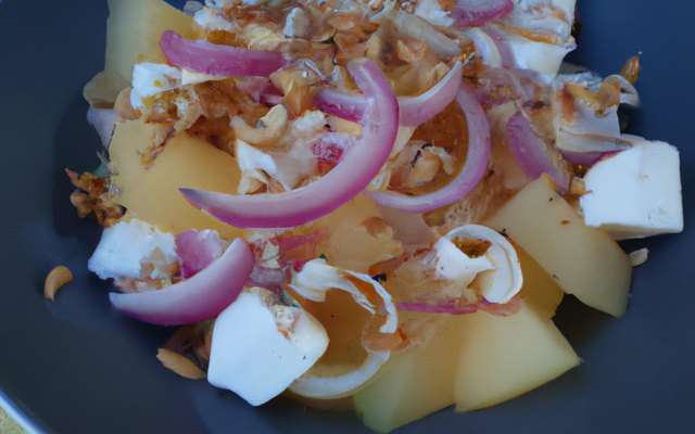 Salade de melon, oignon rouge et noix.