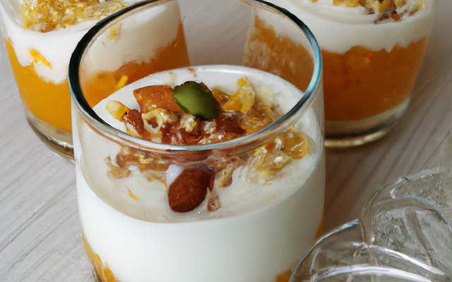 Verrine sirop de pêches, faisselle et yaourt grec, croustillants spéculoos et touche noix de coco