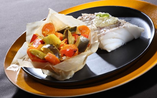 Croustillant de Curry jaune de légumes et dos de cabillaud