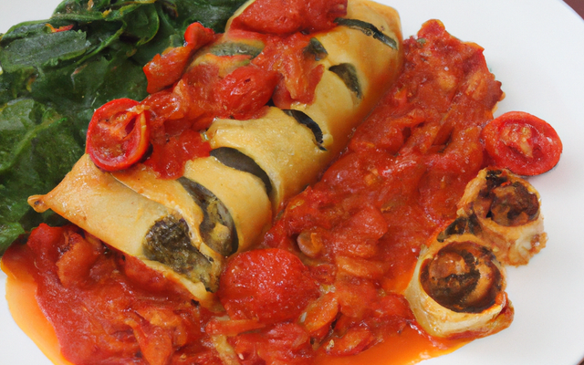 Filet de bar rôti, canneloni aux épinards et bulots sautés à la tomate