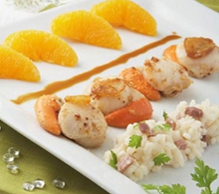 Noix de Saint Jacques risotto et son infusion chicorée miel et orange