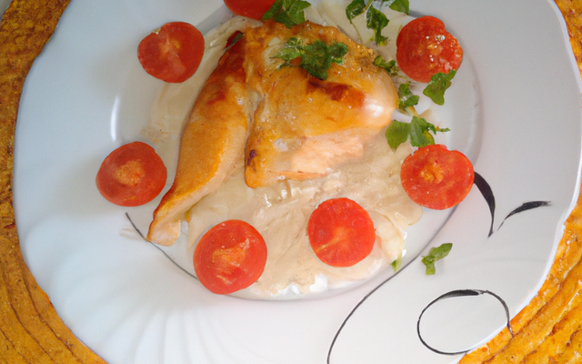 Poulet citronné déposé sur une tomate et son lit de blé