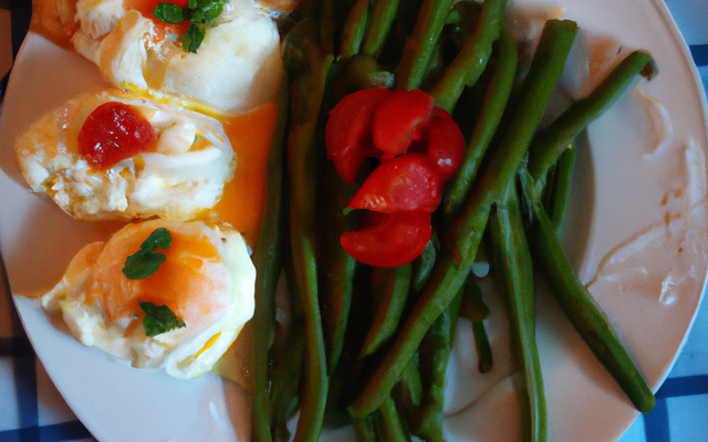 Haricots verts à la mousseline de tomates et œufs mollets