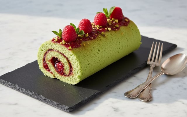 Biscuit roulé aux pistaches et framboises