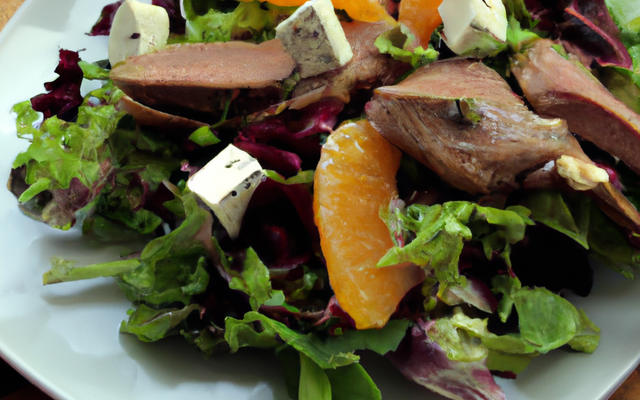 Salade de canard fumé aux agrumes et à la feta, sauce assortie