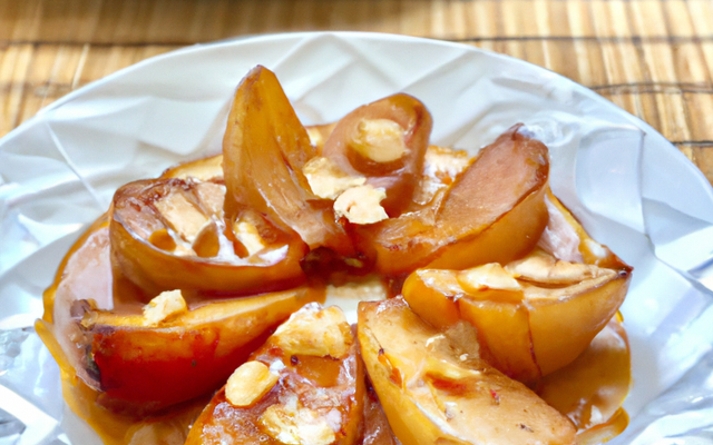 Poires rôties aux amandes, sauce caramel au beurre vanillé