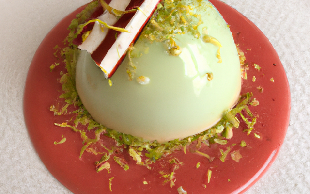 Dôme au chocolat blanc, mousse à la pistache et coulis de fraise