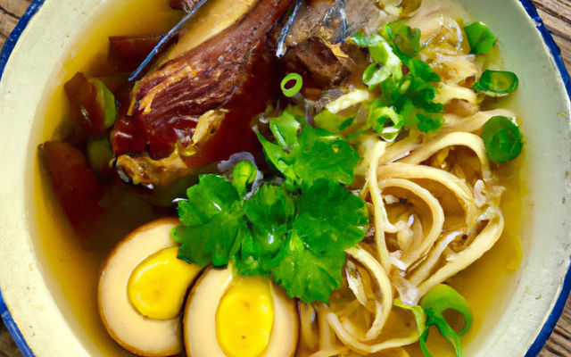 Consommé de lapin Père Guillaume au foie gras, nouilles chinoises