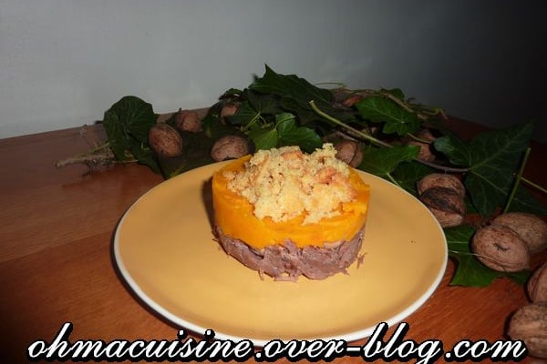 Confit de canard en parmentier de potimarron et crumble au parmesan