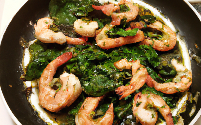Gambas sautées, sauce épinard, ail et menthe