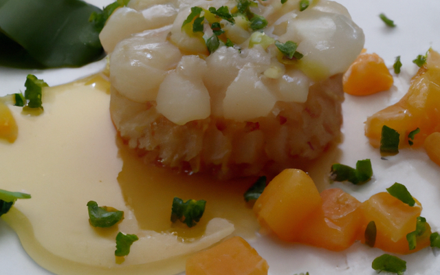 Tartare de coquille Saint-Jacques au jus de mandarine et coulis de corail