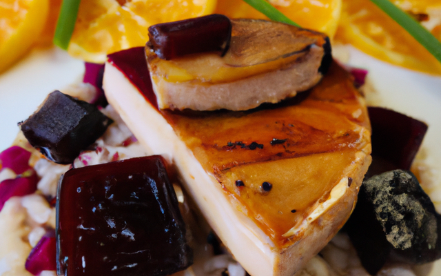 Aumônière de foie gras frais et ses riz aux fruits d'automne caramélisés nappé d'une réduction de Porto