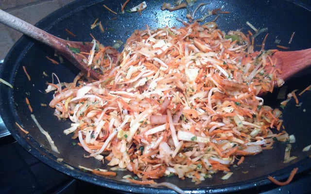 Wok de légumes, gambas