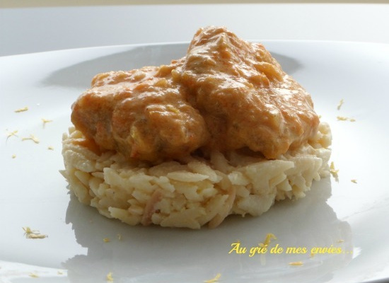 Joues de lotte en sauce rouge et risotto au citron