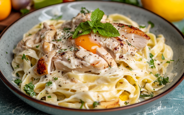 Tagliatelles, émincés de poulet grillé, sauce citron vert menthe