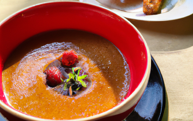 Crème brûlée aux morilles et sa soupe de fraise au basilic avec un croustillant de pain perdu