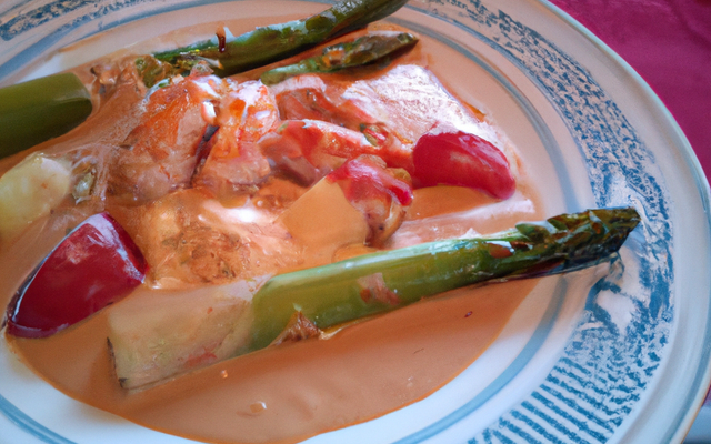 Ragoût de homard bleu aux marrons cassés du Périgord, Jus crémeux au whisky, poireaux gallois et asperges d'ici