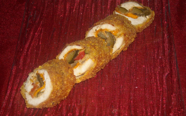 Croustillant de poulet aux légumes et mimolette, panées au corn flakes