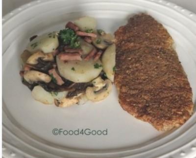 Filets de Colin-lieu en panure de noisettes, poêlée de topinambours, champignons et lardons fumés - Photo par Food4Good