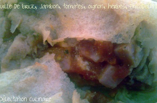Feuilles de brick garnies aux tomates, dés de jambon et Philadelphia - Photo par delect
