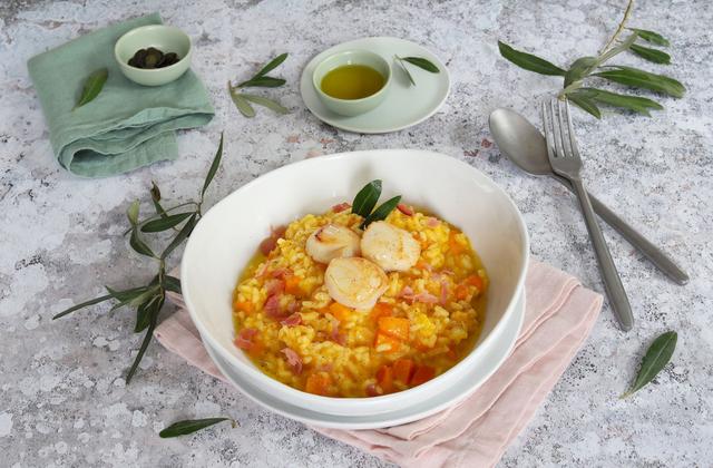 Risotto au potimarron, Saint-Jacques et bacon croustillant - Silvia Santucci
