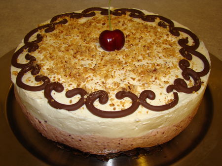 Bavarois cerise et chocolat blanc sur roses des sables - Les Gâteaux Magiques d'Alilo