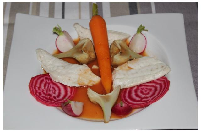 Un cuit cru de légumes de saison au bouillon de légumes Ariaké et sa daurade royale pochée au bouillon de coquillage Ariaké - Ambiances culinaires